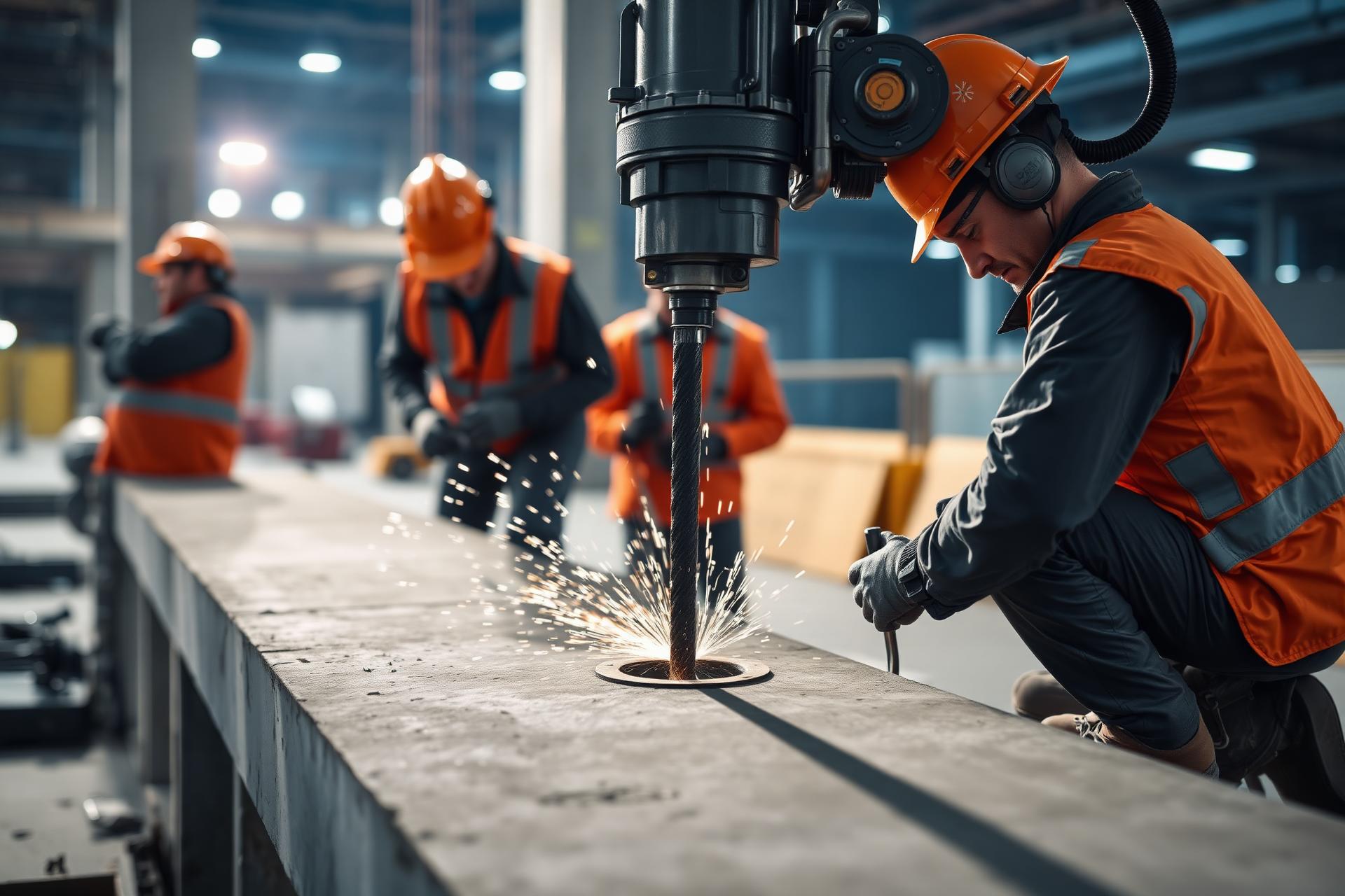 Equipe realizando perfuração diamantada em concreto
